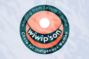 Teal And Coral Graphic That Says "Wîwîp'son Healing From Sexual Trauma Circle For Indigenous Women", Arranged Into The Shape Of An Indigenous Baby Swing