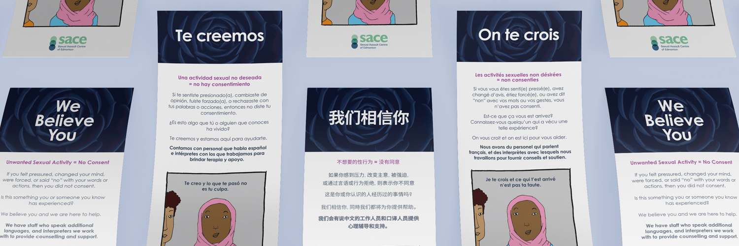 A pamphlet is displayed in different languages, showing information for Addressing Sexual Violence with Newcomer Communities