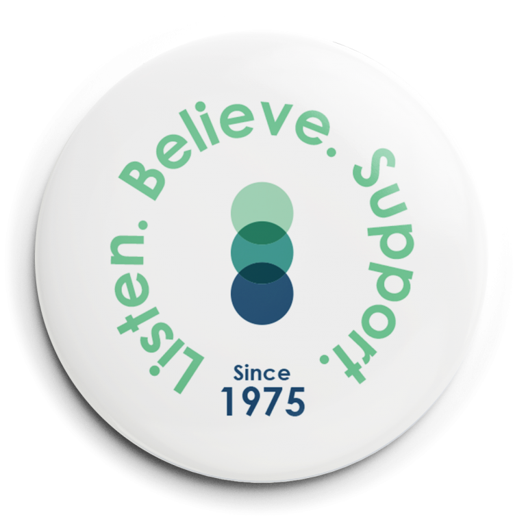 White button that reads "Listen. Believe. Support since 1975" with the SACE logo in the middle