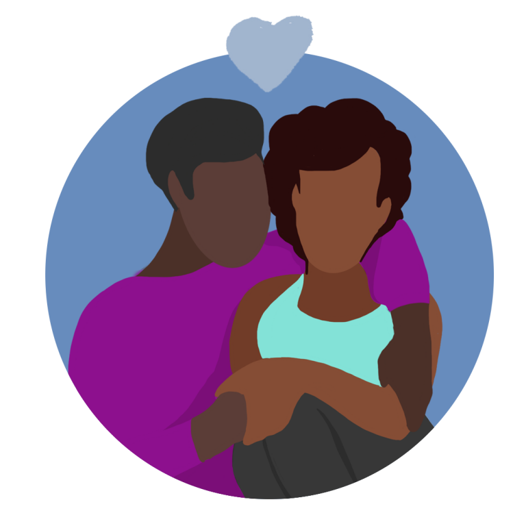 Colourful illustration of a couple holding each other with a heart above them