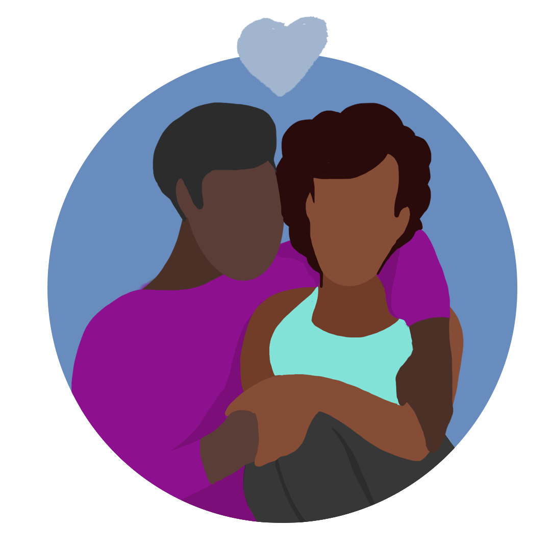 Colourful illustration of a couple holding each other with a heart above them