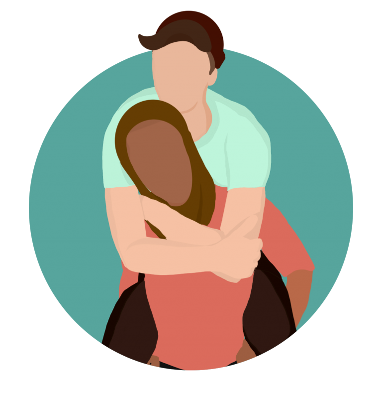 Colourful illustration of two people, one person has their arms hugging the other from behind