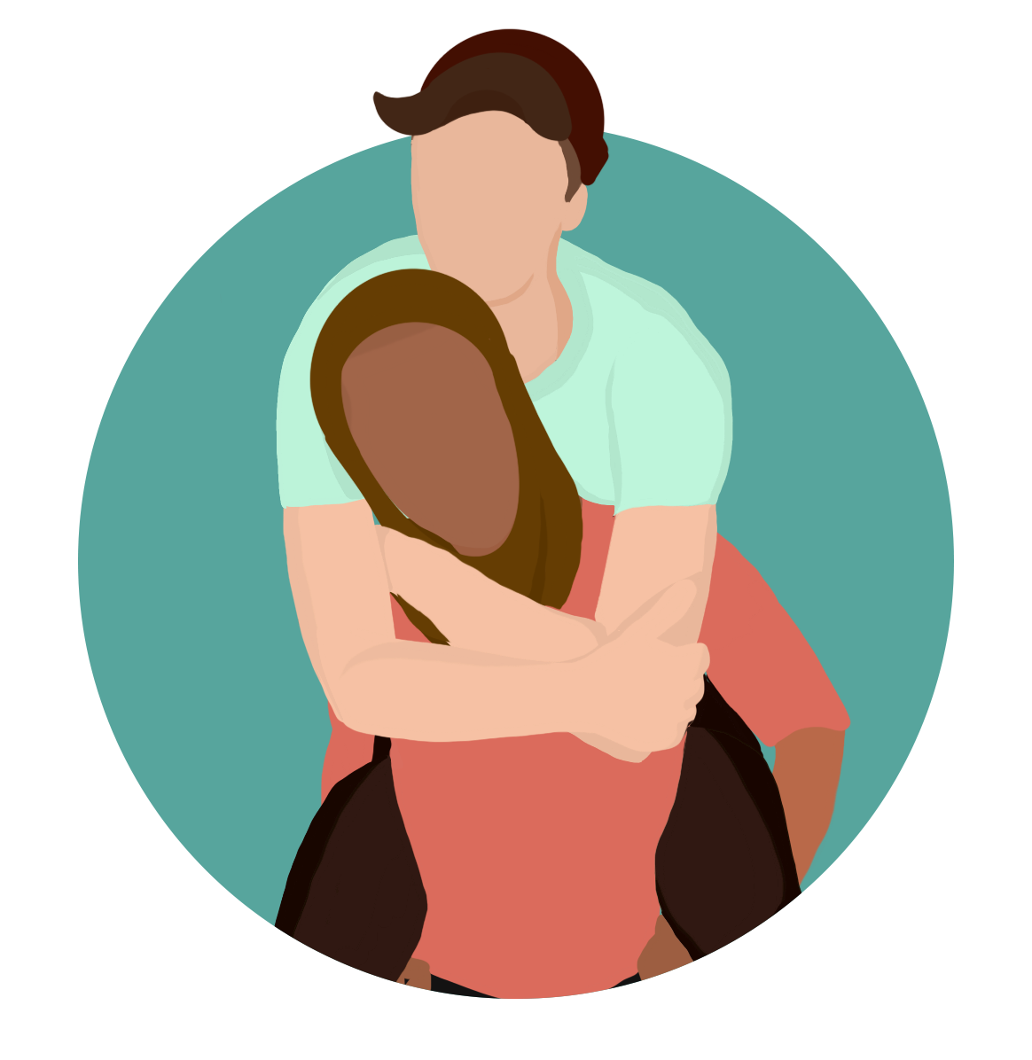 Colourful illustration of two people, one person has their arms hugging the other from behind