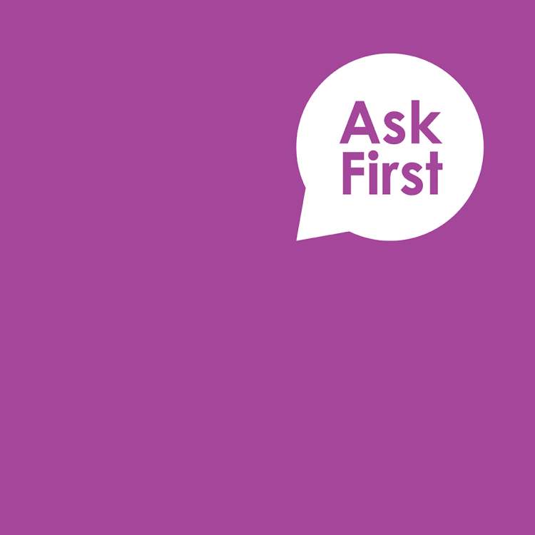 A magenta youth sexual assault and consent resources flyer, with a speech bubble saying "Ask first"