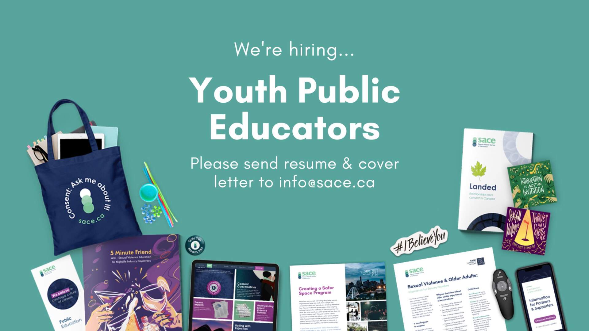 Green background with different education materials, and text that says We're hiring Youth Public Educators