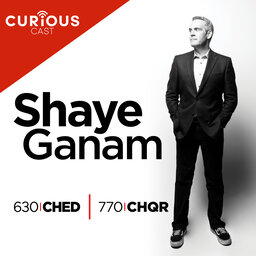 A photo of Shaye Ganam in black and white standing next to his name and the words 630 CHED Curious Cast