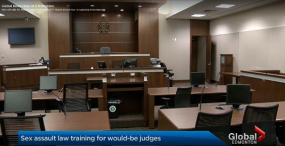 An image of a courtroom where Alberta judges practice sits behind the words "training for would-be judges"