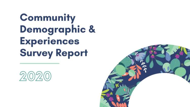 Text that reads Community Demographic & Experiences Survey Report 2020 on a white background