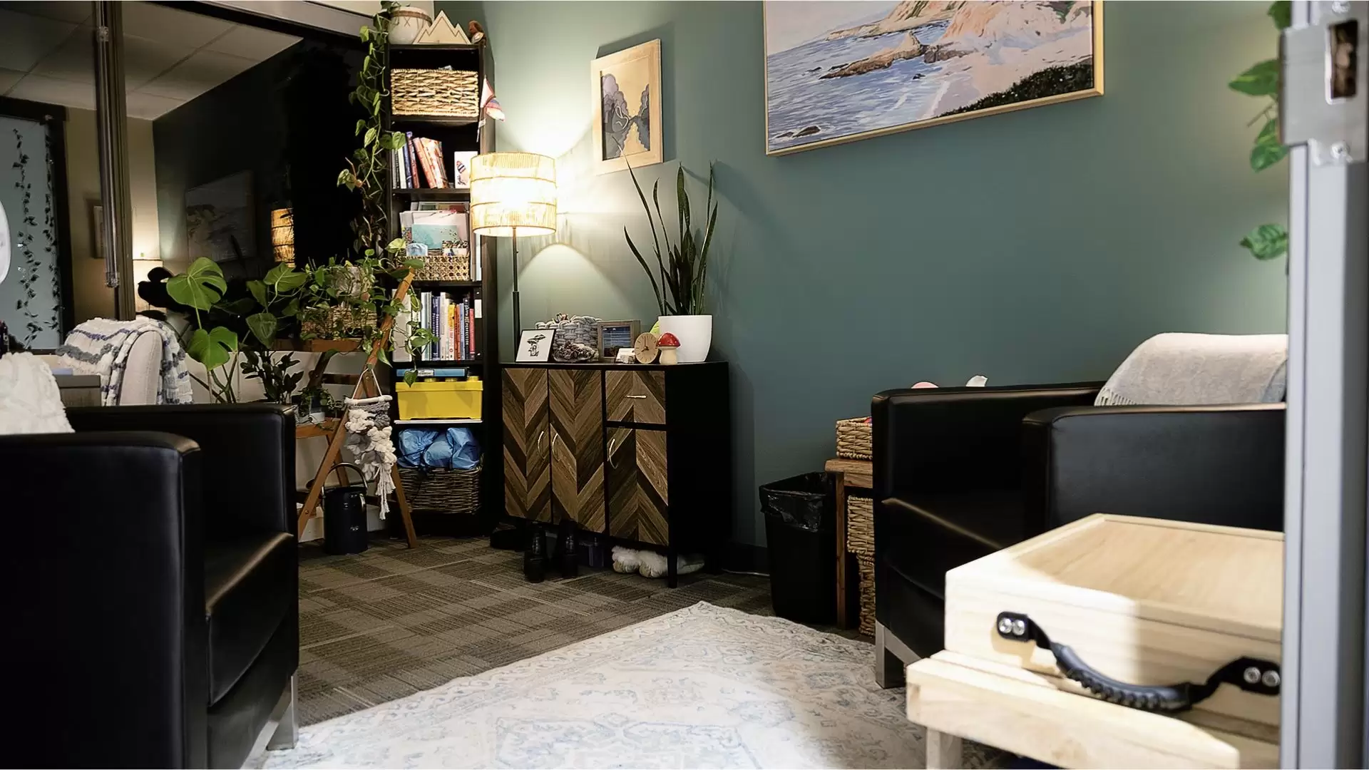 SACE adult counsellor office with two chairs, blankets, book shelf filled with books, baskets, plants, and a cabinet. There is artwork on the walls and a light coloured area rug in the middle of the floor.