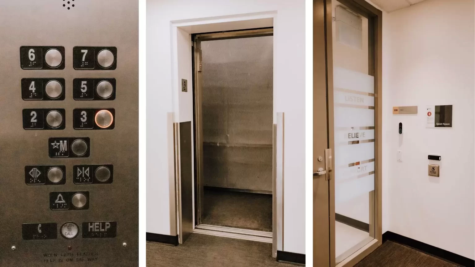 Series of three photos: Elevator button panel with the 3 button illuminated, an open elevator door, and the SACE office frosted glass door with office nameplate, signage, doorbell, square metal button with the International Symbol of Access person in a wheelchair "push to open" on a white wall.