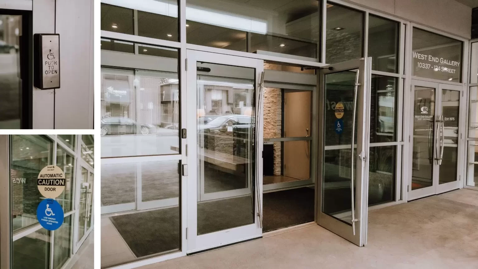 Accessible entrance "Push to open" button with an opened automatic door at the front of Princeton Place.