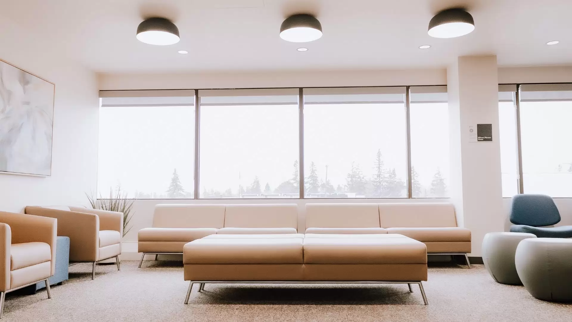 SACE reception waiting room with various neutral chairs and seating against a windowed wall. Neutral artwork is hung on the wall and three large light fixtures and four smaller recessed lights line the ceiling.