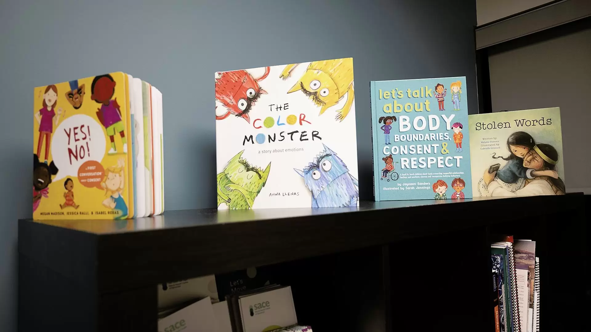 Four books with titles "Yes! No!", "The Color Monster", "Let's talk about body boundaries, consent & respect", and "Stolen Words" displayed on a dark bookshelf against a blue wall.