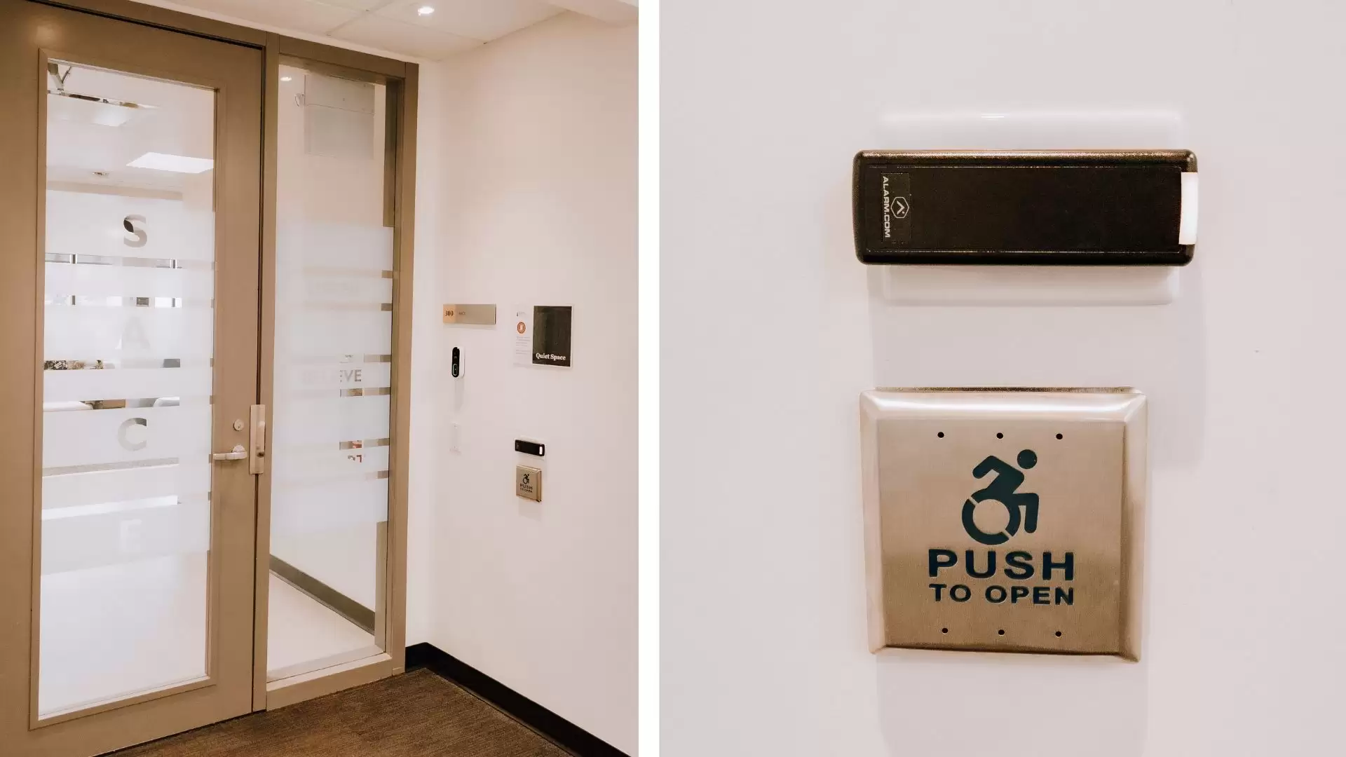 SACE accessible entrance with frosted design and "SACE" on glass. Key card entry system bar and a square metal button with the International Symbol of Access person in a wheelchair "push to open" on a white wall.
