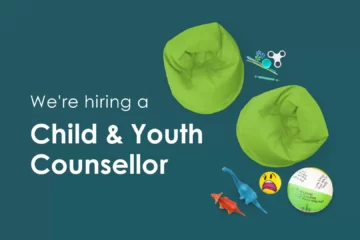 Dark Green Background With Two Lime Green Bean Bag Chairs, Dinosaur Figurines, And Fidget Toys. Text Says "We're Hiring A Child & Youth Counsellor"