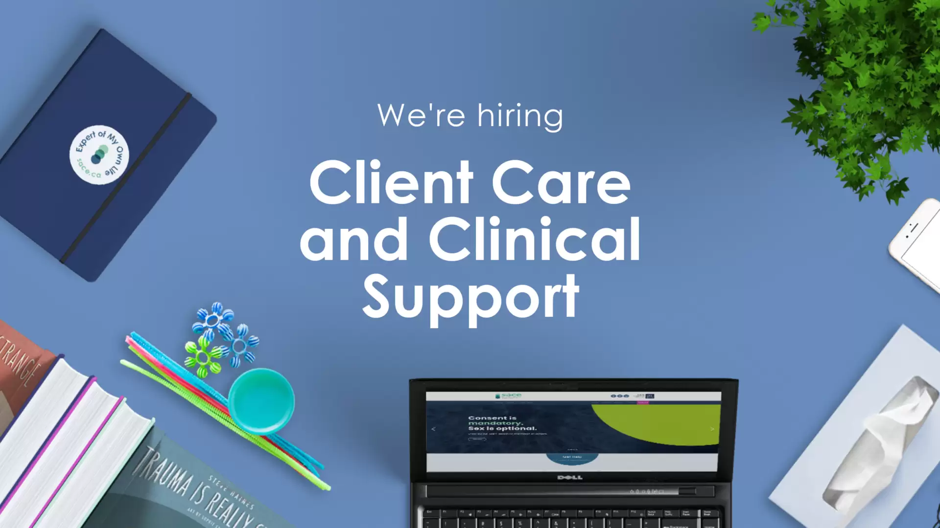 Blue background with SACE notebook, books, fidget toys, laptop, tissue box, cellphone, a green plant, and text that says "We're hiring Client Care and Clinical Support"