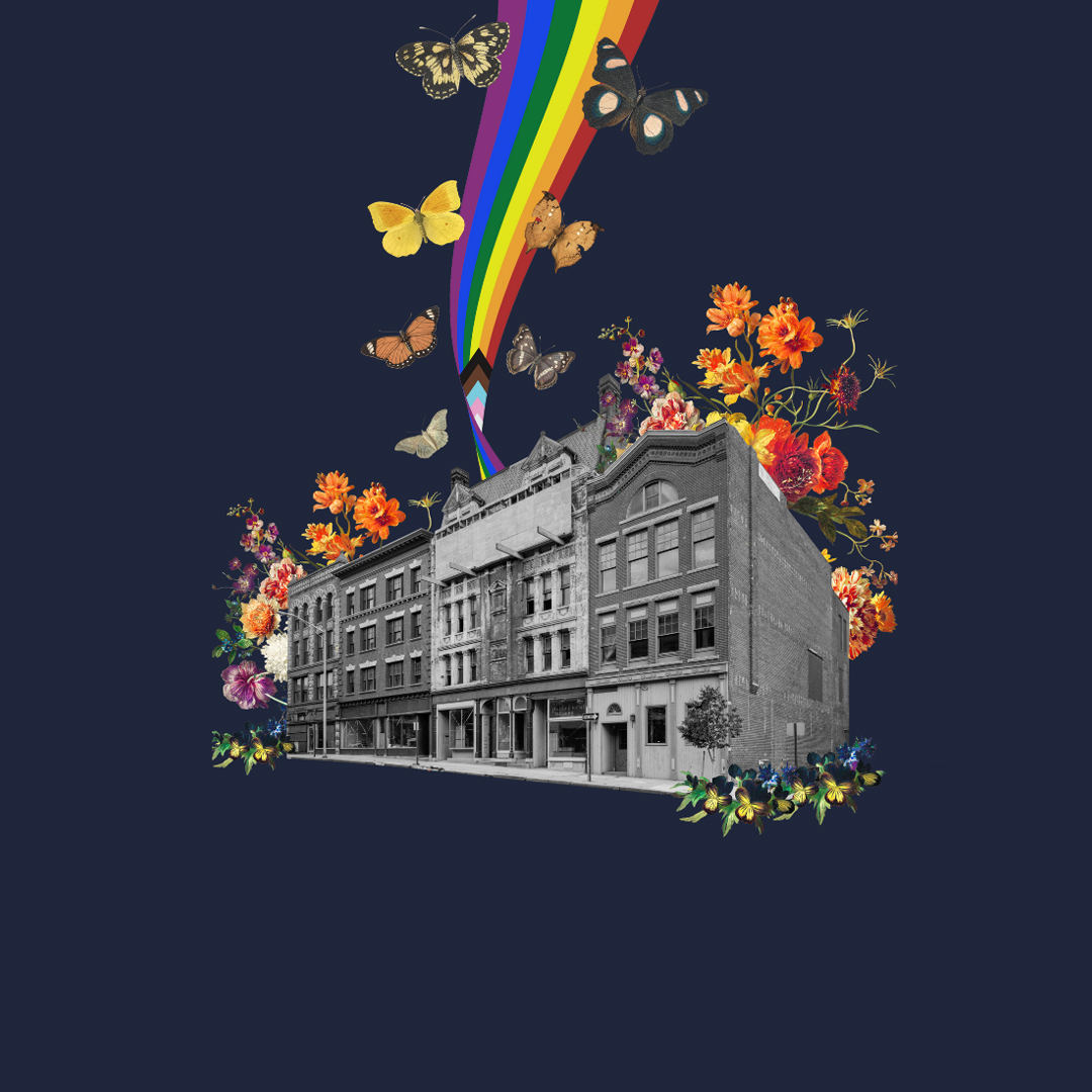 An old institutional building looks like a safer space with illustrated butterflies, flowers, and rainbows surrounding and spilling out of it.